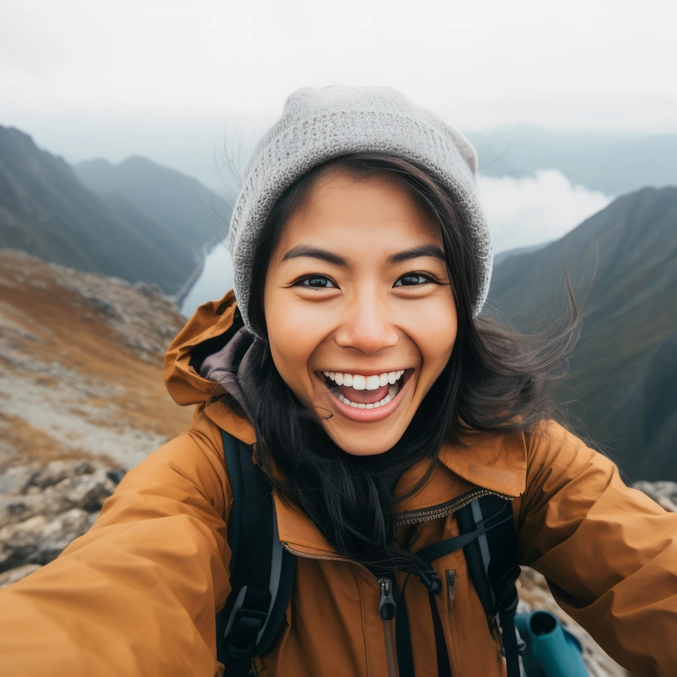 Hiker taking a selfie at the top of a mountain