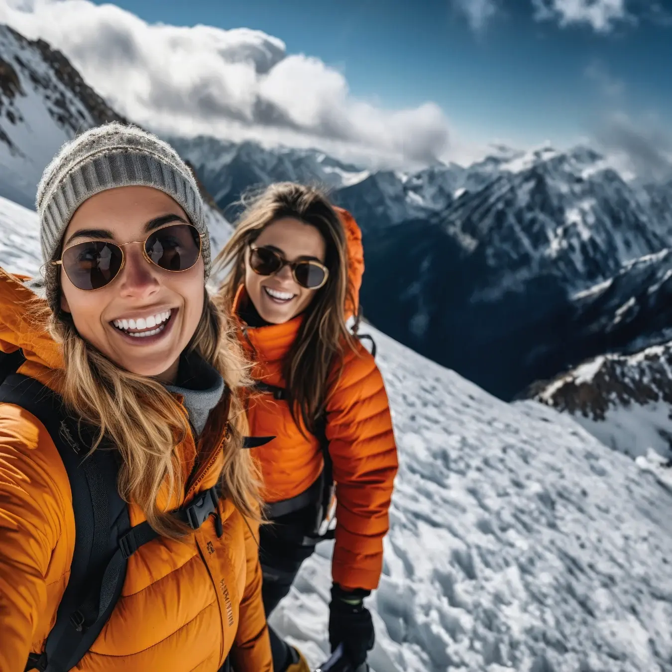 Happy friends hiking snow mountain